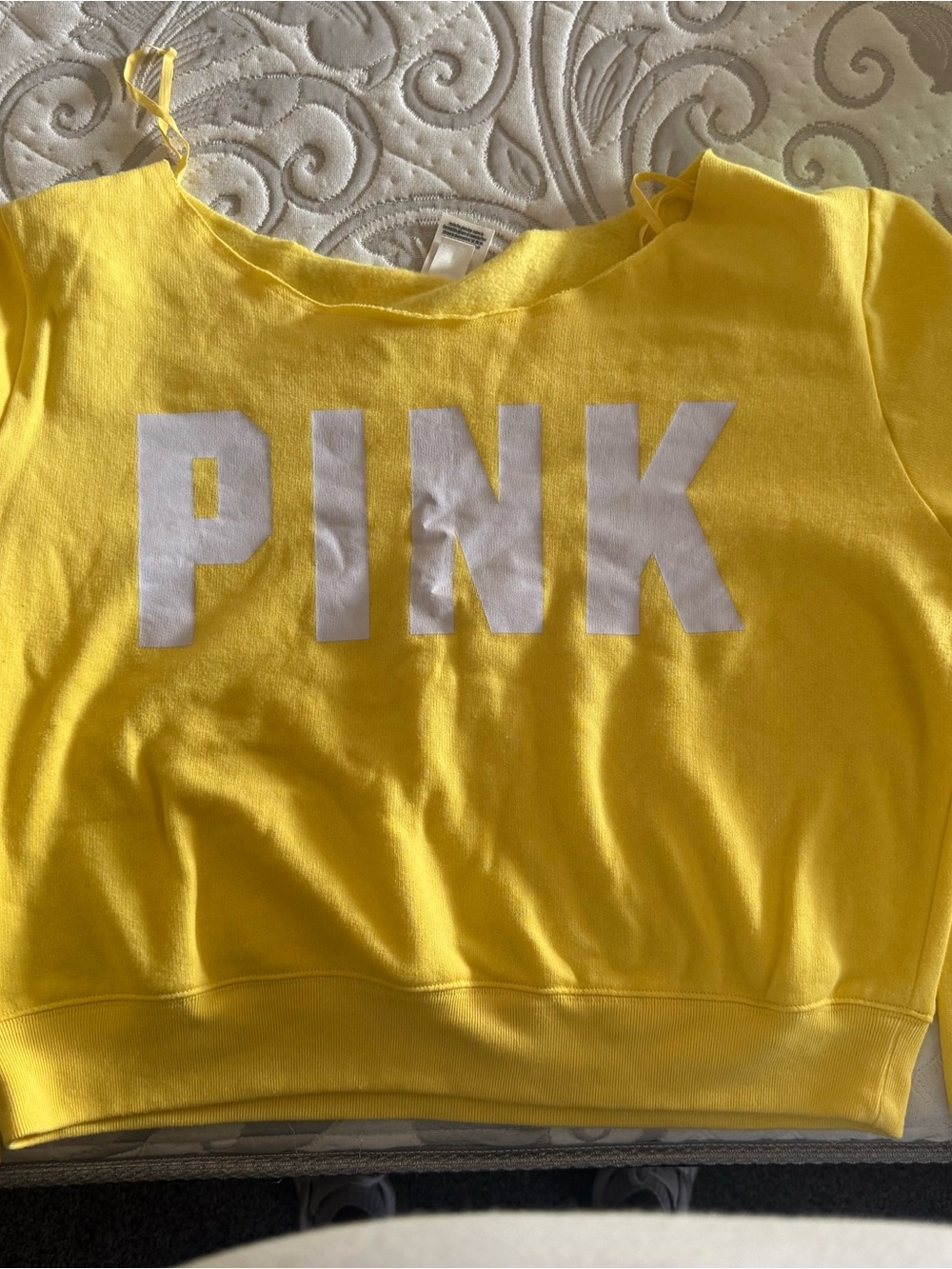 PINK Victoria's Secret Yellow Crop Sweatshirt with White Logo and shorts